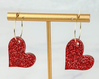Red Heart Earrings, Acrylic Heart Earrings, Valentines Hoop Earrings, Valentines Day Earrings. Red Glitter Acrylic Heart Earrings