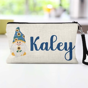 Personalized Gnome Wristlet, Custom Gnome Makeup Bag, Sunflower Gnome Gift, Sunflower Gnome Cosmetic Bag, Gnome Gift for Women