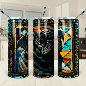 Stained Glass Black Pug Tumbler: 20oz Stainless Steel Water Bottle