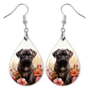 Black Pug Earrings, Pug Floral Earrings, Dog Earrings, Pug Jewelry for Mom, Mothers Day Gift, Black Pug Gifts for Women