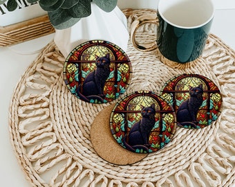 Cat Coasters, Black Cat Coasters, Cat Coaster Set, Cat Decor, Cat Table Decor, Cat Drink Coasters, Black Cat Decor, Stained Glass Decor