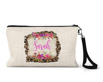 Leopard Print Personalized Makeup Bag, Custom Cosmetic Bag, Linen Pouch, Bridesmaid Gift