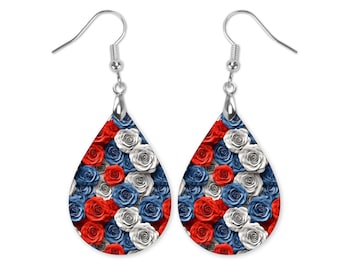 Patriotic Rose Dangle Earrings, Floral Earrings, Summer Earrings, Patriotic Earrings, Fourth of July Earrings, Red White and Blue Earrings