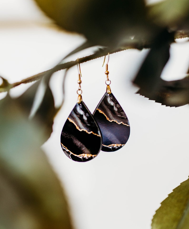 Black Earrings, Black Gold Earrings for Women, Black Earrings Dangle, Black and Gold Dangle Earrings image 3