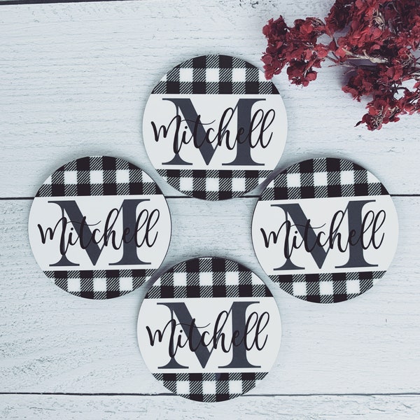 Personalized Coasters, Monogram Coasters, Black & White Plaid Coaster Set of 4, Family Name Coasters