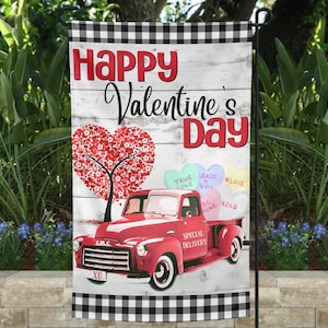 Valentine&#39;s Day Flag, Valentines Flag, Valentine Garden Flag 12x18, Valentine&#39;s Day Garden Flag, Red Truck Garden Flag, Valentines Decor