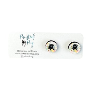 Floral Black Pug Stud Earrings, Black Pug Earrings, Summer Pug Earrings, Floral Pug Studs, Gift For Mom, Gift For Grandma, Gift For Dog Mom