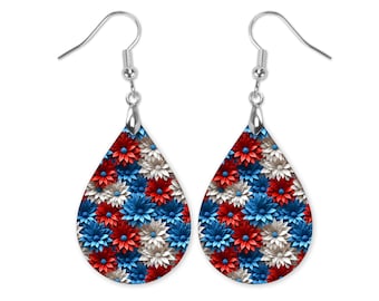 Patriotic Flower Dangle Earrings, Floral Earrings, Summer Earrings, Patriotic Earrings, Fourth of July Earrings, Red White and Blue Earrings