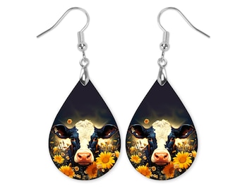 Floral Cow Dangle Earrings, Cow Earrings, Cow Lover Earrings, Farm Animal Earrings, Gift For Her, Mothers Day Gift