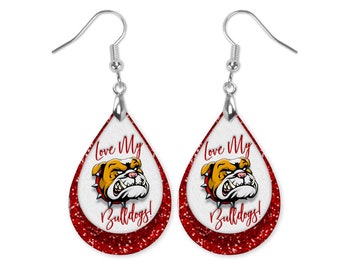 Red Bulldogs Earrings, Love My Bulldogs Earrings, Red and White Bulldog Earrings, Dangle Bulldog Earrings, School Spirit Bulldogs, Gameday