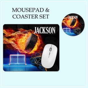 Personalized Hockey Mousepad And Coaster Set, Custom Name Hockey Gift, Hockey Player Desk Accessories, Gift For Hockey Fans, Sports Office