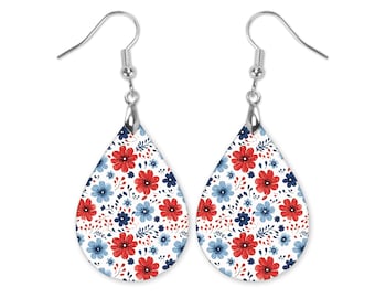 Patriotic Floral Dangle Earrings, Floral Earrings, Summer Earrings, Patriotic Earrings, Fourth of July Earrings, Red White and Blue Earrings