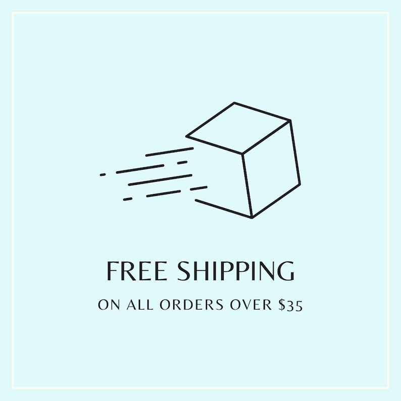 May include: A black line art graphic of a cube with motion lines indicating speed, positioned above the text FREE SHIPPING ON ALL ORDERS OVER $35. The design is centered on a light blue background with a thin white border frame.