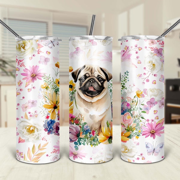 Floral Pug Tumbler, Pug Mom Tumbler, Pug Coffee Tumbler, Pug Water Bottle, Pug Lover Gift, Pug Mom Mothers Day Gift, Pug Owner Gift