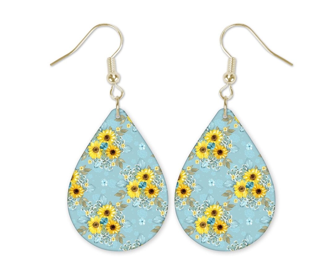 Sunflowers Earrings, Sunflowers Floral Teardrop Earrings, Sunflowers