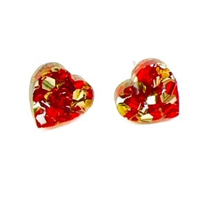 Red and Gold Acrylic Stud Earrings, Valentines Day Stud Earrings, Heart Stud Earrings, Valentines Day Studs, Glitter Stud Earrings