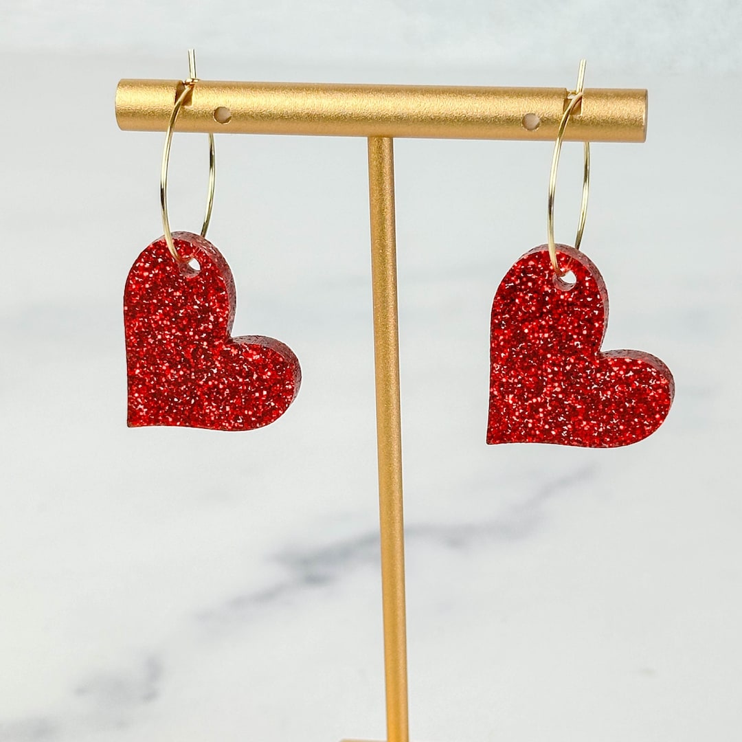 Red Heart Earrings, Acrylic Heart Earrings, Valentines Hoop Earrings