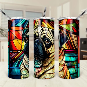 Pug Tumbler, Pug Mom Gift Idea, Pug Coffee Tumbler, Pug Water Bottle, Pug Lover Gift, Stained Glass Pug Tumbler, Pug Mothers Day Gift