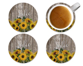 Personalized Sunflower Coasters, Sunflower Coasters, Sunflower Drink Coasters, Set of 4