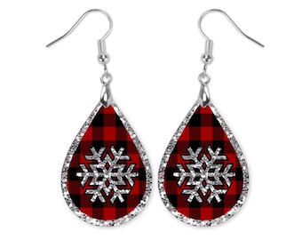 Snowflake Earrings, Christmas Hardboard Earrings, Snowflake Plaid Earrings, Buffalo Plaid Earrings. Holiday Earrings