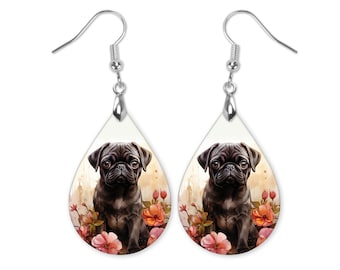 Black Pug Dangle Earrings, Pug Floral Earrings, Dog Earrings, Pug Jewelry for Mom, Mothers Day Gift