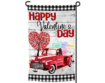 Valentine's Day Flag, Valentine Red Pickup Truck Flag, Valentine Garden Flag 12x18, Valentine's Day Garden Flag