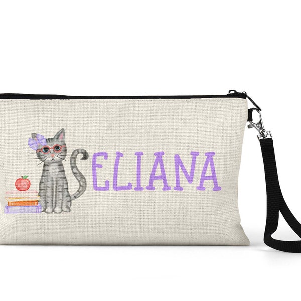 Personalized Pencil Case, Cute Cat Custom Pencil Case for Girl, Linen Pen Bag for Kids, School Supplies Bag for girl, Personalized Cat Bag