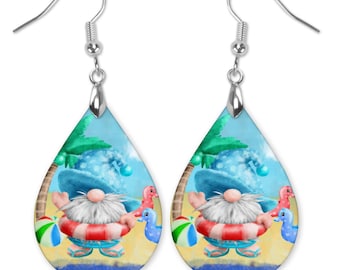 Summer Gnome Earrings, Summer Earrings, Gnome Pool Earrings, Beach Gnome Earrings, Gnome Dangle Earrings