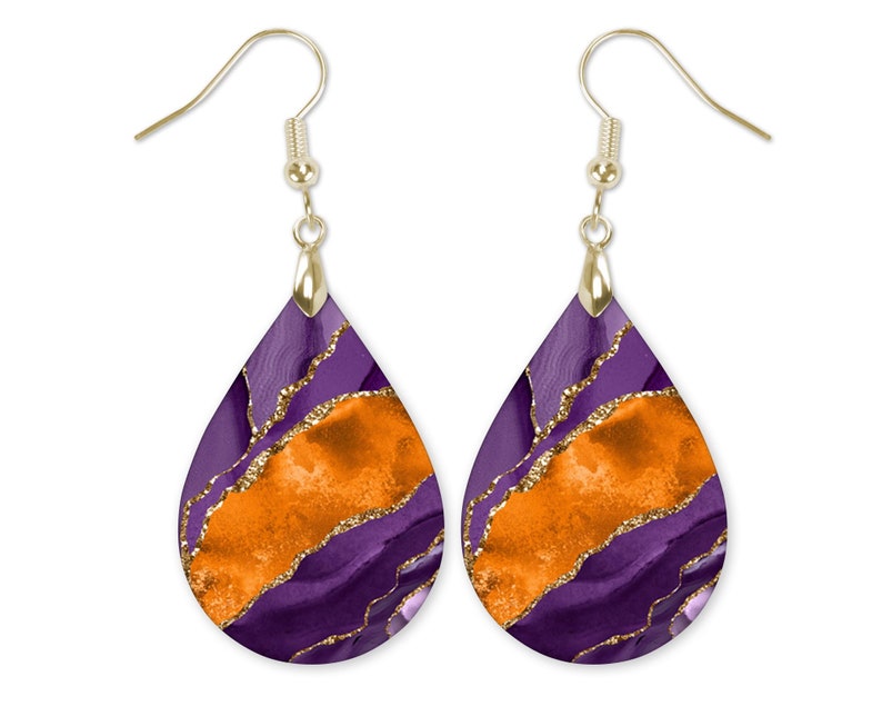 Purple Orange Earrings, Purple Dangle Earrings, Purple Agate Earrings, Purple Orange Dangle Earrings, Gameday Earrings, Tigers Earrings image 5