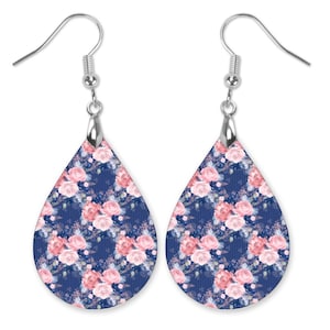 Navy Flower Earrings, Navy Floral Dangle Earrings, Navy and Pink Flower Earrings, Blue and Pink Earrings, Gifts for Her, Boho Earrings