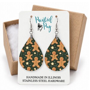 Gingerbread Christmas Earrings, Gingerbread Man Teardrop Dangle Earrings, Lightweight Acrylic Holiday Jewelry, Stocking Stuffer for Her