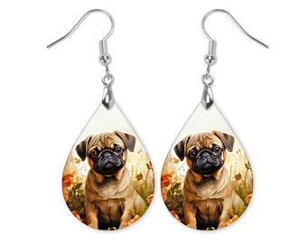Fawn Pug Dangle Earrings, Pug Lover Jewelry, Spring Earrings, Floral Pug Earrings, Dog Jewelry for Mom, Mothers Day Gift