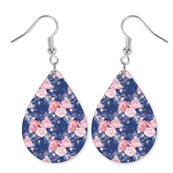 Navy Floral Earrings, Navy Floral Dangle Earrings, Navy and Pink Flower Dangle Earrings, Blue and Pink Earrings, Mother's Day gift