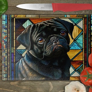 Black Pug Cutting Board, Glass Cutting Board with Pug, Pug Lover Gifts, Pug Mom Gifts, Pug Dad Gifts, Gift for Pug Owner image 1