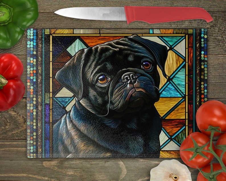 Black Pug Cutting Board, Glass Cutting Board with Pug, Pug Lover Gifts, Pug Mom Gifts, Pug Dad Gifts, Gift for Pug Owner image 1