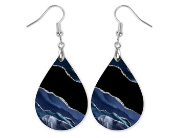 Blue Silver Agate Design Earrings, Blue Dangle Earrings, Blue & Black Agate Earrings, Blue Silver Dangle Earrings, Dangle Earrings for Women