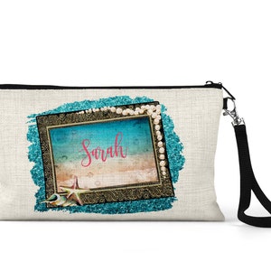 Personalized Makeup Bag, Custom Cosmetic Bag, Teal Coral Linen Pouch, Beach Makeup Bag, Bridesmaid Gift Bag