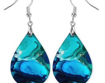 Teal Paint Pour Teardrop Earrings, Teal Earrings, Paint Pour Earrings, Artsy Earrings, Unique Earrings, Summer Earrings, Gift for Co Worker