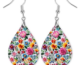 Mexican Embroidery Earrings, Colorful Floral Teardrop Earrings, Folk Art Statement Jewelry, Lightweight Gift for Her