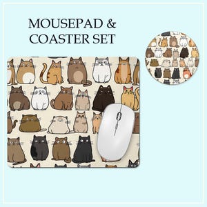 May include: A set of a mousepad and a coaster featuring a pattern of cartoon cats in various colors and poses. The mousepad is beige with a white mouse on top. The coaster is round and features the same cat pattern.