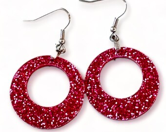 Pink Earrings, Pink Glitter Earrings, Glitter Pink Earrings, Pink Acrylic Earrings, Hot Pink Earrings for Women, Pink Round Earrings