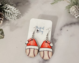 Christmas Baseball Earrings, Baseball Dangle Earrings, Gift for Baseball Mom, Baseball Earrings Dangle, Santa Hat Baseball Earrings