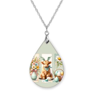 Easter Cow Necklace, Highland Cow Pendant, Cute Spring Jewelry, Bunny Ears Necklace, Easter Gift for Women, Lightweight Cow Necklace