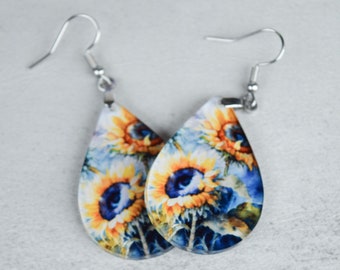 Sunflower Watercolor Earrings, Spring Earrings, Floral Earrings, Summer Earrings, Sunflower Earrings, Mothers Day Gift, Gift For Her