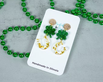 St Patrick's Day Earrings for Women, Acrylic Shamrock Earrings Dangle, Horseshoe Earrings, Dangling St Patrick Earrings, Green Gold Earrings