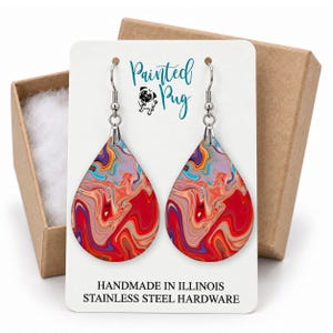 Coral and Turquoise Earrings | Red Marble Swirl Teardrop Dangle Earrings | Western Boho Gift for Her