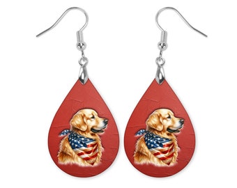 Patriotic Golden Retriever Dangle Earrings, Golden Retriever Jewelry, Summer Earrings, Dog Earrings, Dog Jewelry for Mom, Patriotic Earrings