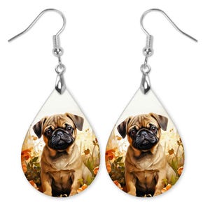Fawn Pug Earrings, Pug Lover Jewelry, Spring Earrings, Floral Pug Earrings, Dog Jewelry for Mom, Gift for Pug Mom, Pug Lover Gift