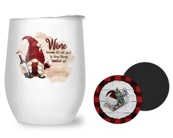 Gnome Wine Tumbler, Gnome Gift Set, Gnome Tumbler & Coasters Gift Set, Cute Gnome Wine Glass, Gnome Coasters, Wine Lover Gift, Wine Gifts