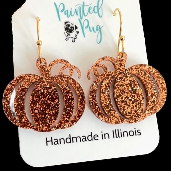 Pumpkin Earrings, Lightweight Glitter Acrylic Dangle Earrings, Bronze Fall Earrings for Women, Halloween Jewelry, Thanksgiving Gift